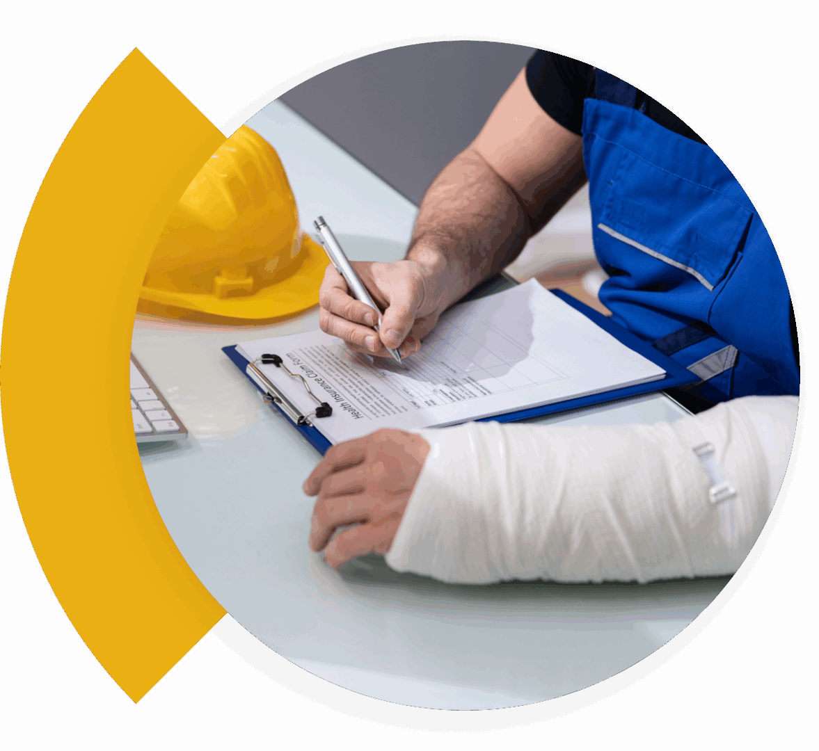 Injured worker writing on clipboard, hard hat.