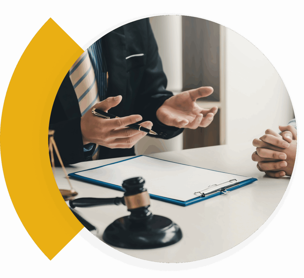 Legal consultation with documents and gavel.