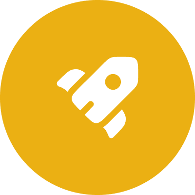 Yellow circle with white rocket icon.