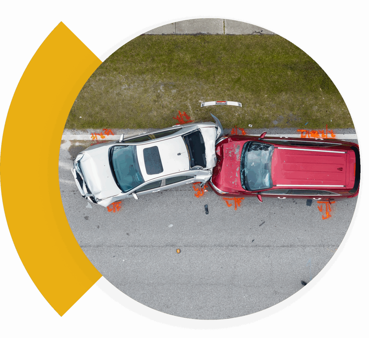 Aerial view of two cars in collision.