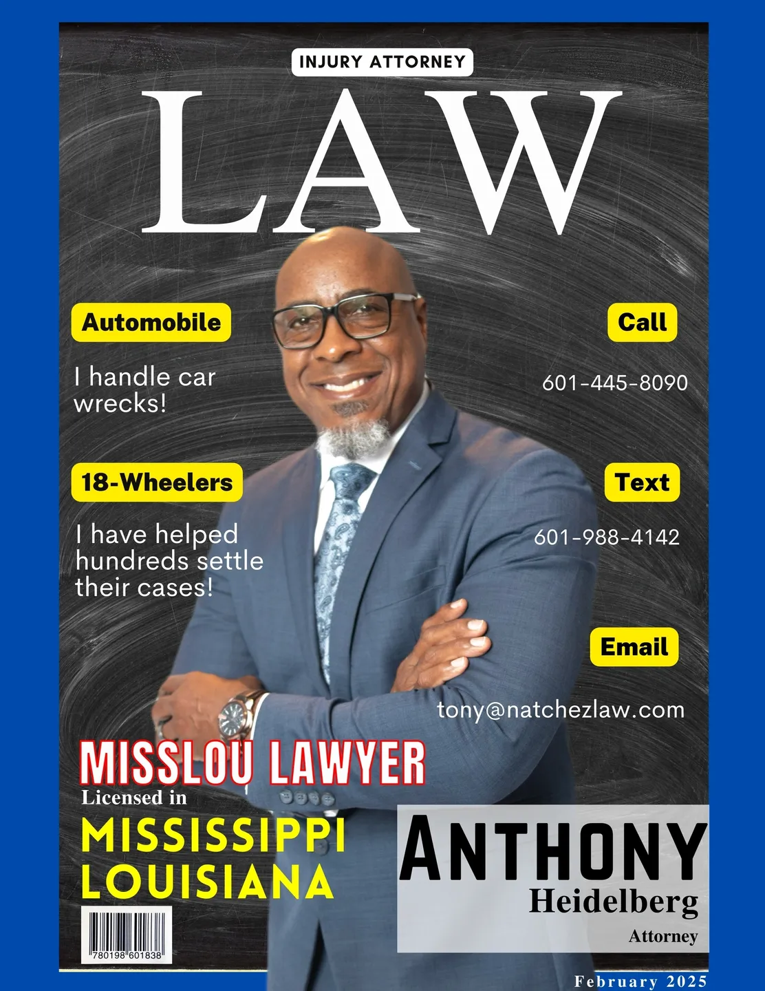 Attorney in suit on a legal magazine.